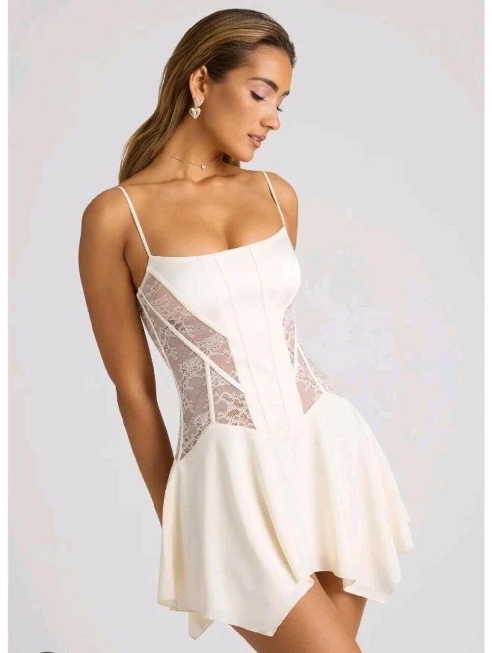 NWT Oh Polly Anniken Lace Handkerchief Hem Mini Dress in Ivory